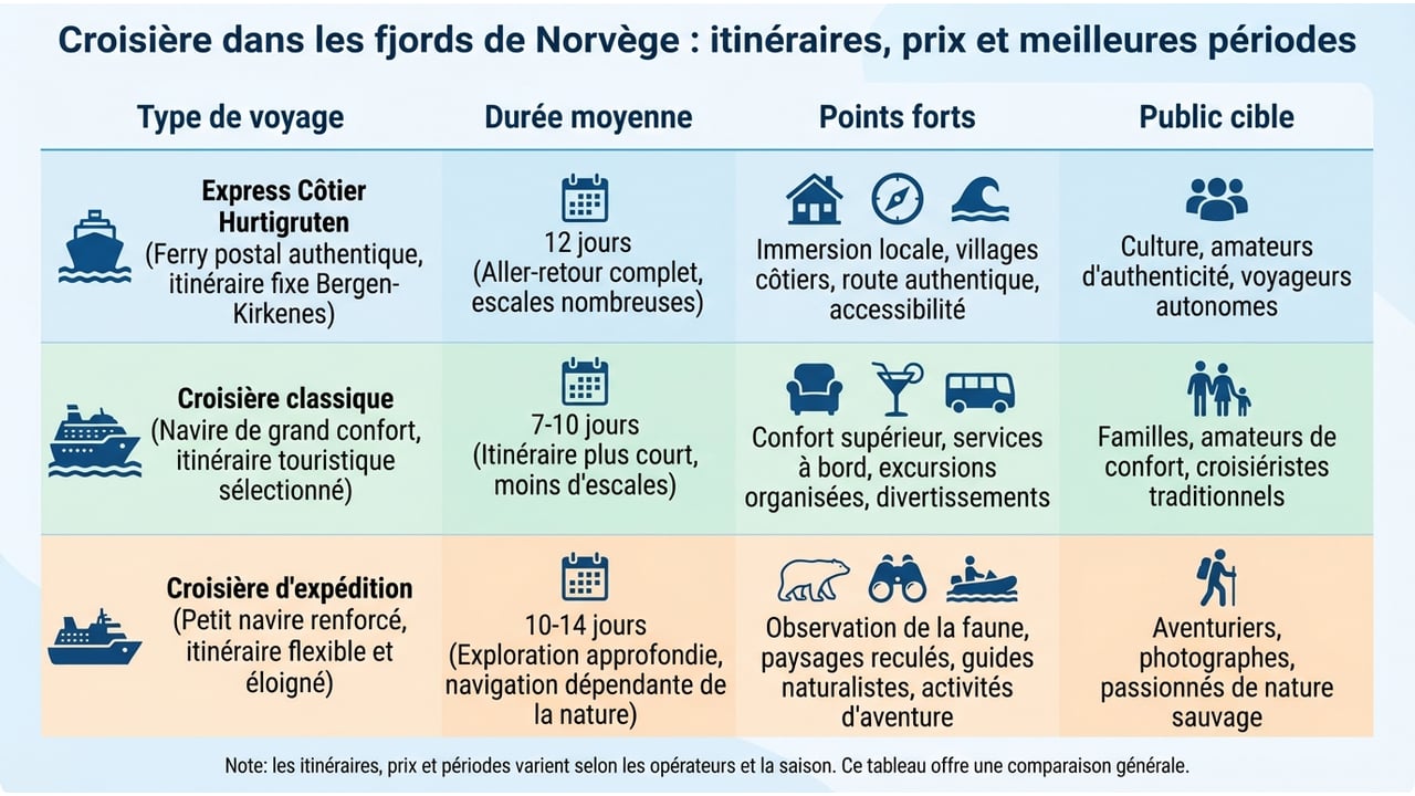 Tableau comparatif des types de croisières en Norvège incluant l'Express Côtier Hurtigruten, les croisières familiales MSC/Costa et les expéditions polaires.