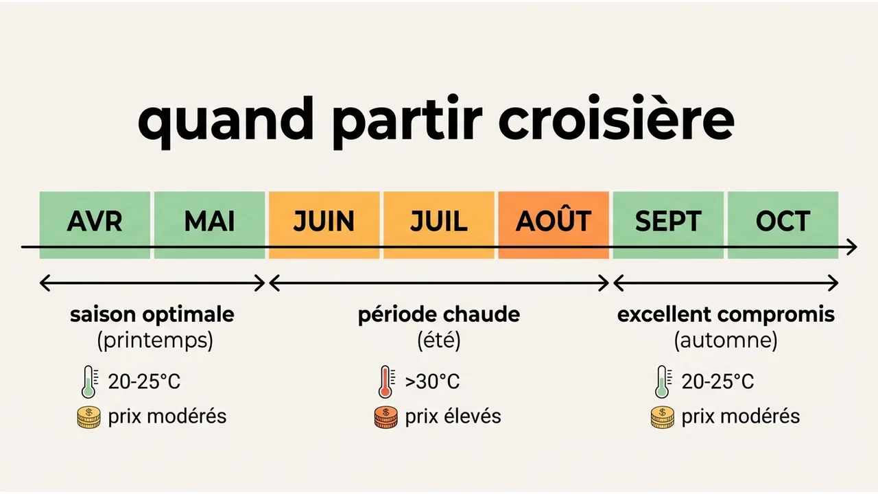 Frise chronologique annuelle indiquant les périodes idéales pour le climat, les prix bas et les foules touristiques.