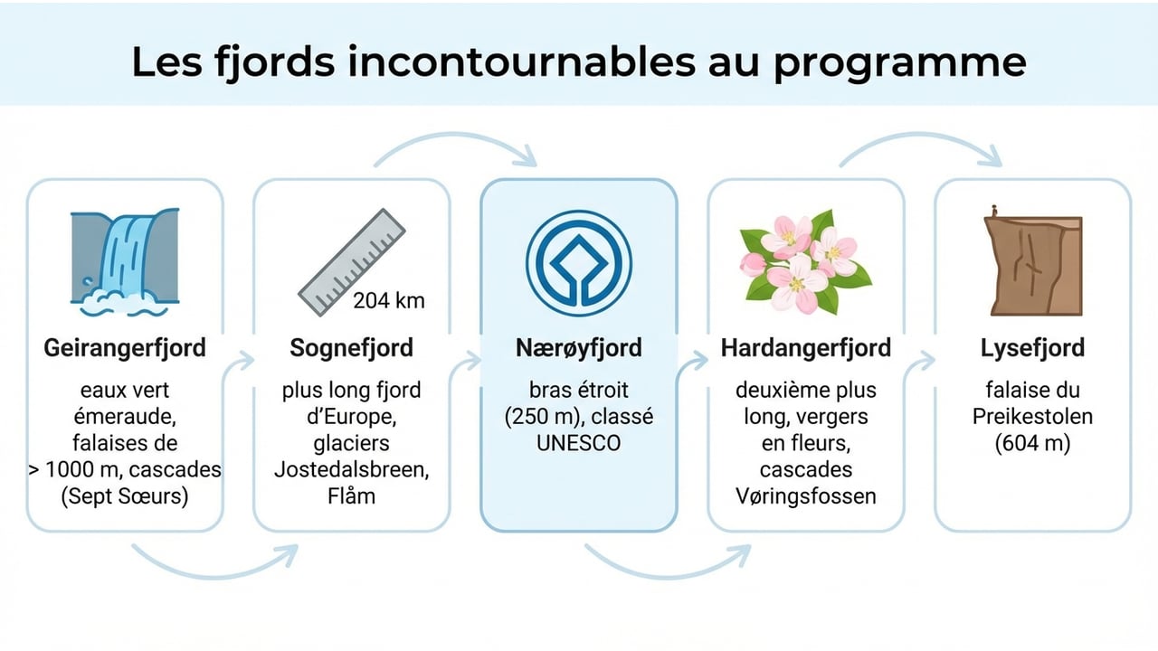 Infographie présentant les caractéristiques clés des fjords Geirangerfjord, Sognefjord, Nærøyfjord, Hardangerfjord et Lysefjord.