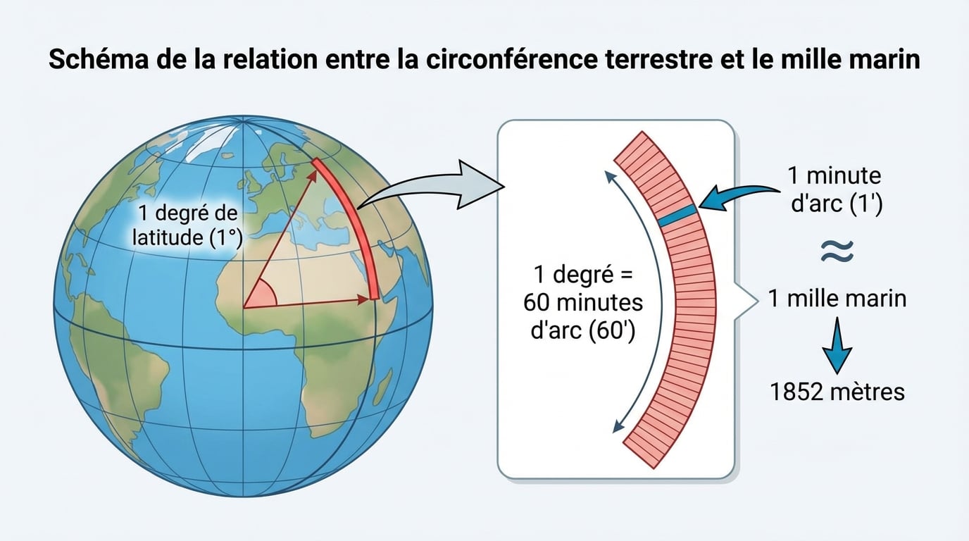 Schéma de la relation entre la circonférence terrestre et le mille marin