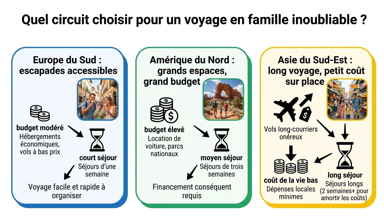 Graphique comparatif montrant le rapport entre le prix du vol, le coût de la vie sur place et la durée minimale recommandée pour l'Europe, l'Amérique et l'Asie.