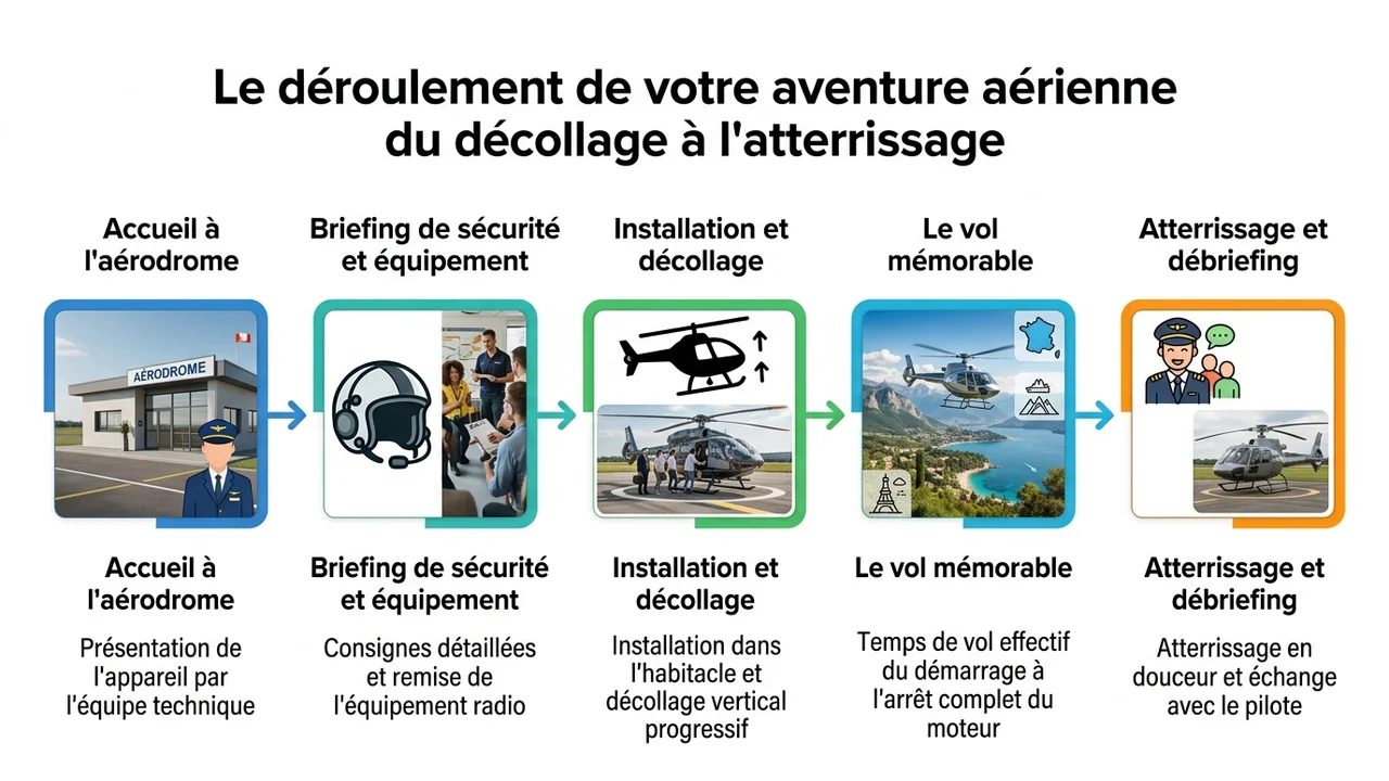 Infographie chronologique montrant les 4 étapes : accueil/briefing, équipement radio, vol/observation et débriefing final.