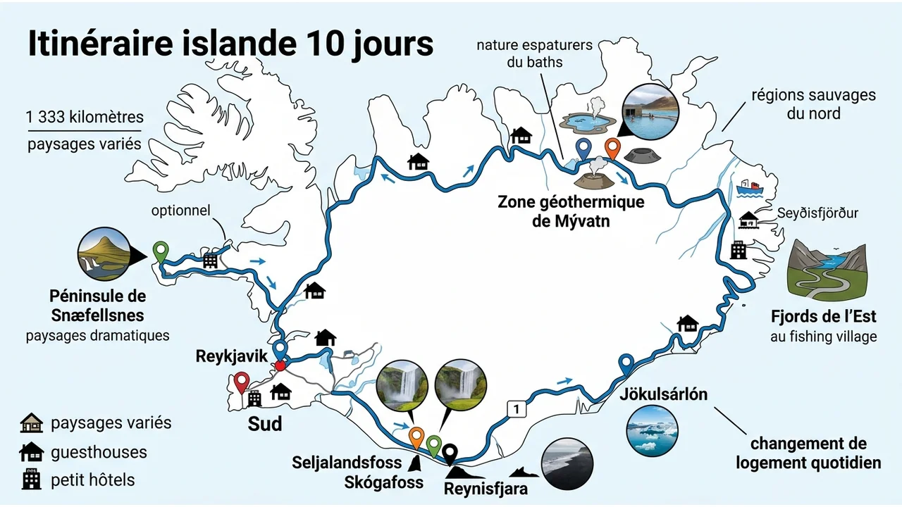 Carte de l'Islande montrant le tracé circulaire de la Ring Road de 1333 km avec les points d'intérêt majeurs par région.