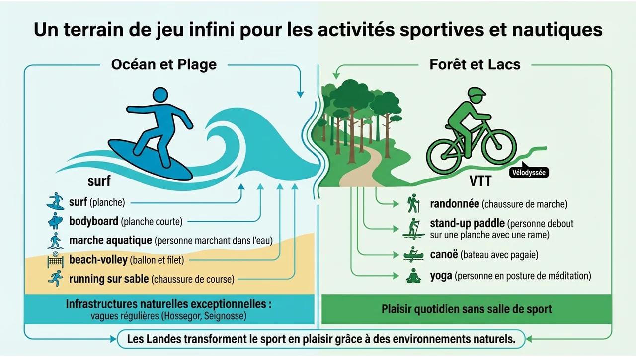 Infographie séparée en deux zones listant les sports nautiques d'un côté et les activités terrestres et d'eau douce de l'autre.