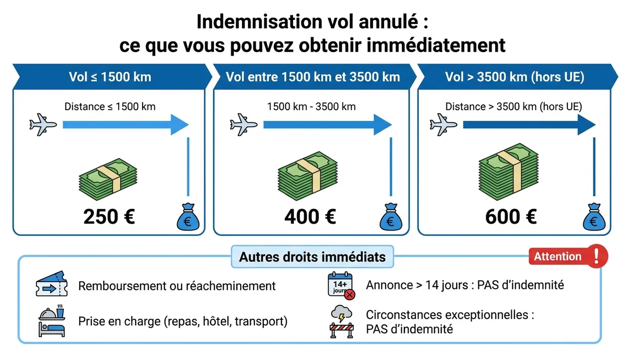 Infographie montrant les montants d'indemnisation : 250 euros pour moins de 1500 km, 400 euros entre 1500 et 3500 km, et 600 euros au-delà de 3500 km.
