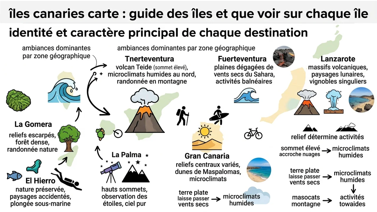 Tableau visuel comparant les 7 îles Canaries selon trois critères : relief, type de paysage et activité phare