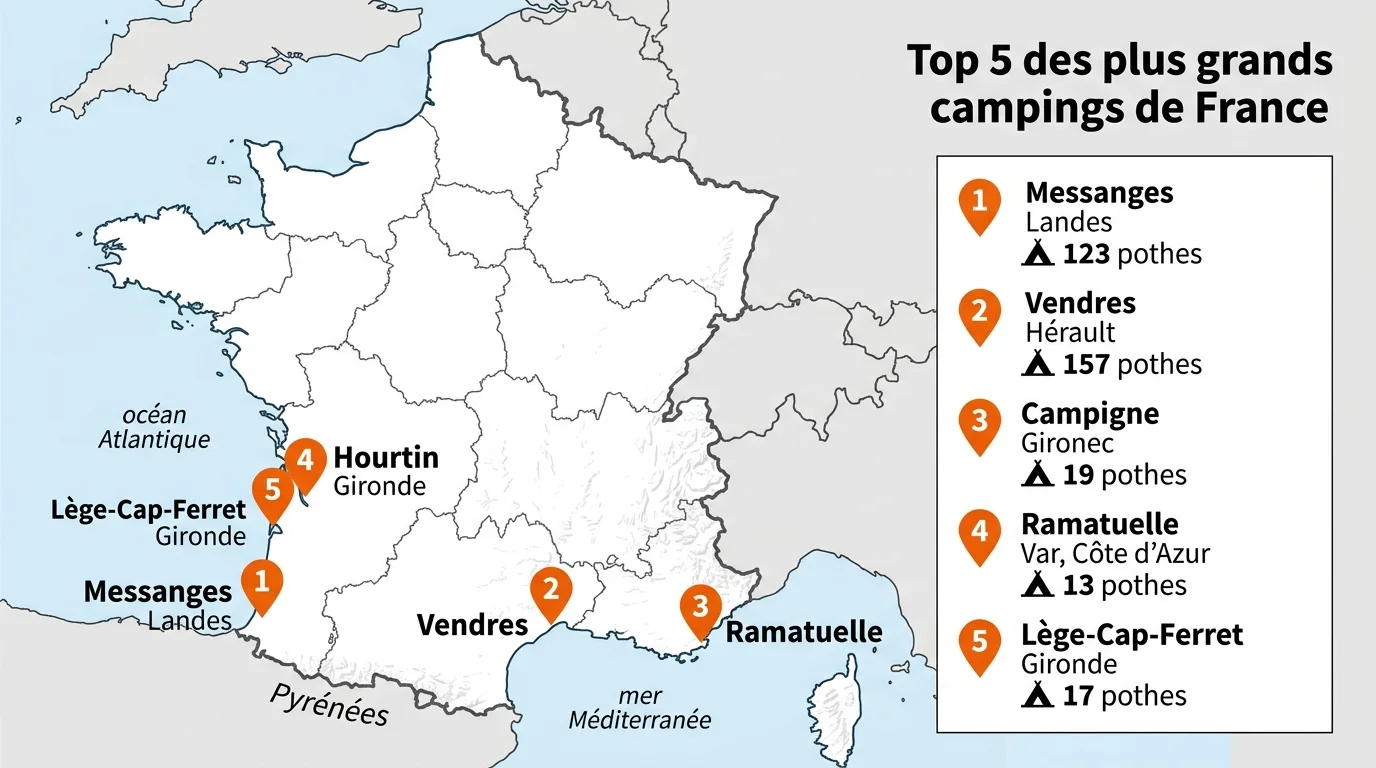 Carte des 5 plus grands campings de France