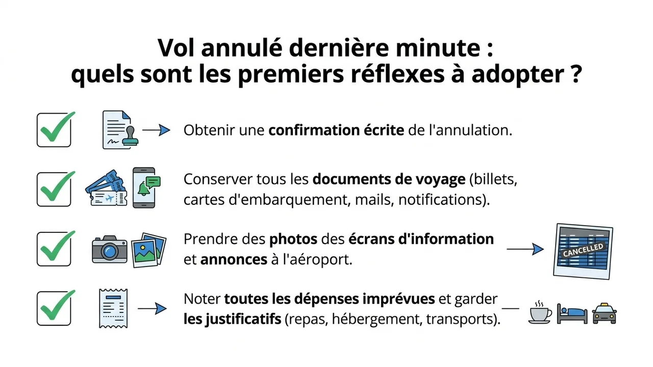Illustration sous forme de liste de contrôle énumérant les documents clés : carte d'embarquement, attestation d'annulation, photos du panneau d'affichage et tickets de frais.