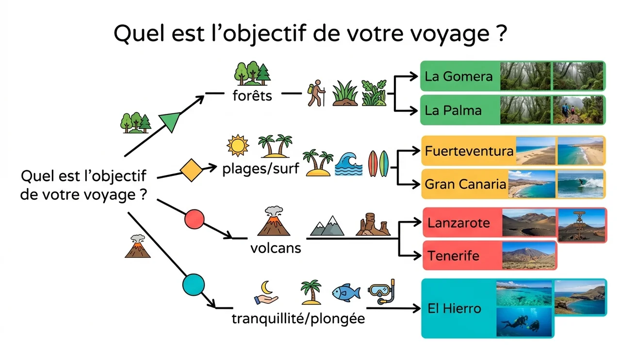 Arbre de décision pour aider le voyageur à choisir son île des Canaries entre randonnée, plages, paysages volcaniques ou observation des étoiles