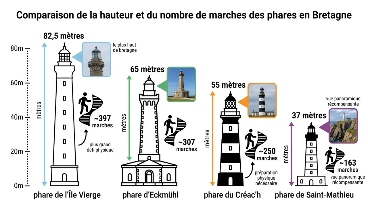 Graphique comparant la hauteur en mètres et l'effort physique requis par le nombre de marches pour les quatre phares principaux.