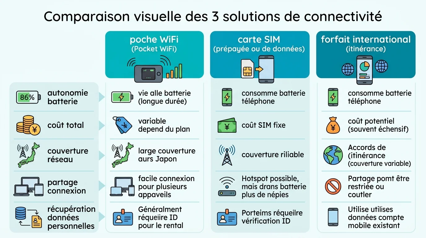 Comparaison visuelle des 3 solutions de connectivité
