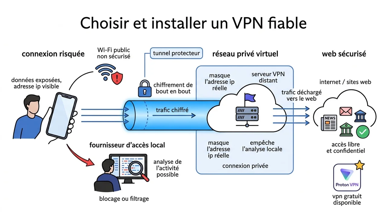 Schéma illustrant le transit des données sécurisées dans un tunnel chiffré entre l'utilisateur et le serveur VPN, protégeant l'accès contre les pirates sur le Wi-Fi local.