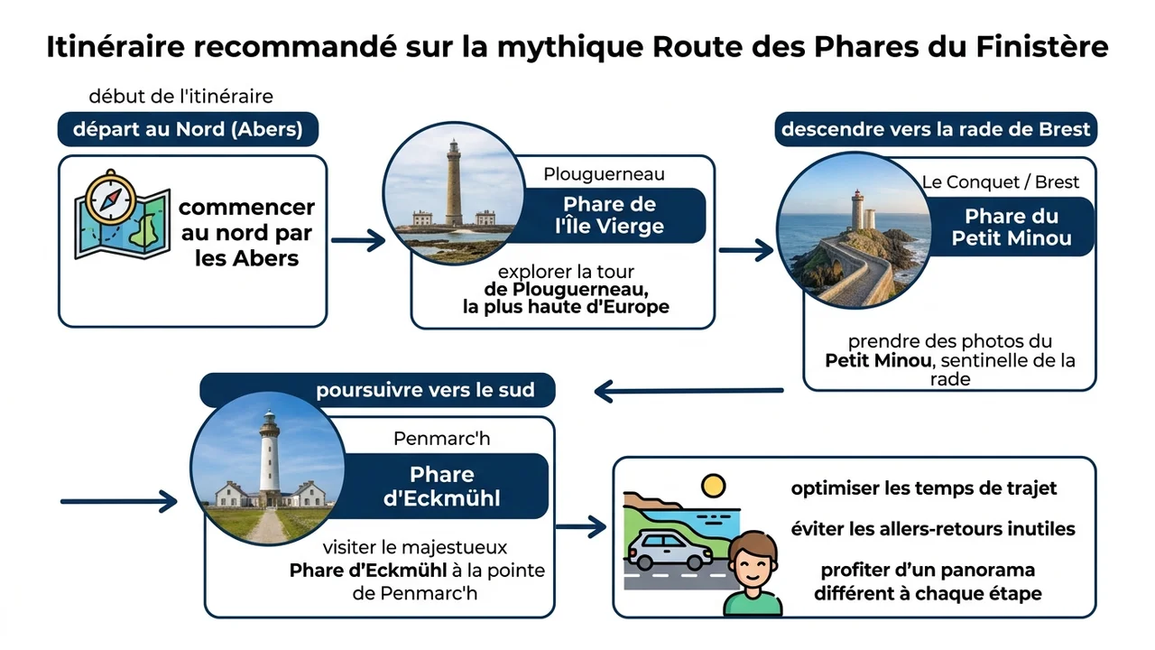 Schéma logique montrant l'ordre des étapes de visite du nord vers le sud pour optimiser le voyage dans le Finistère.