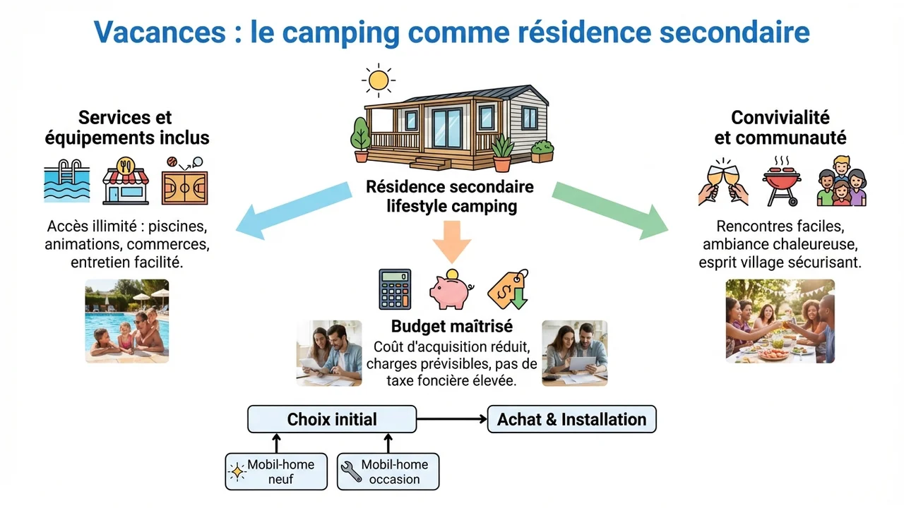 Infographie résumant les avantages du camping comme résidence secondaire : confort, services inclus et flexibilité des séjours.