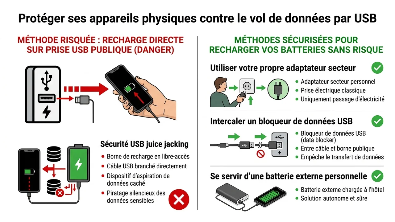 Comparaison visuelle entre une connexion directe dangereuse sur borne USB et l'utilisation sécurisée d'un adaptateur secteur ou d'un bloqueur de données.