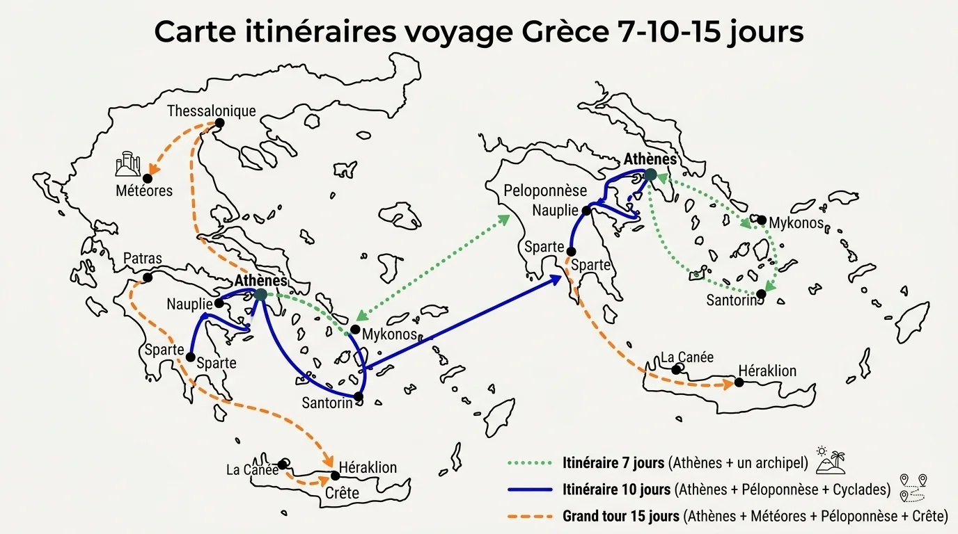 Carte itinéraires voyage Grèce 7-10-15 jours