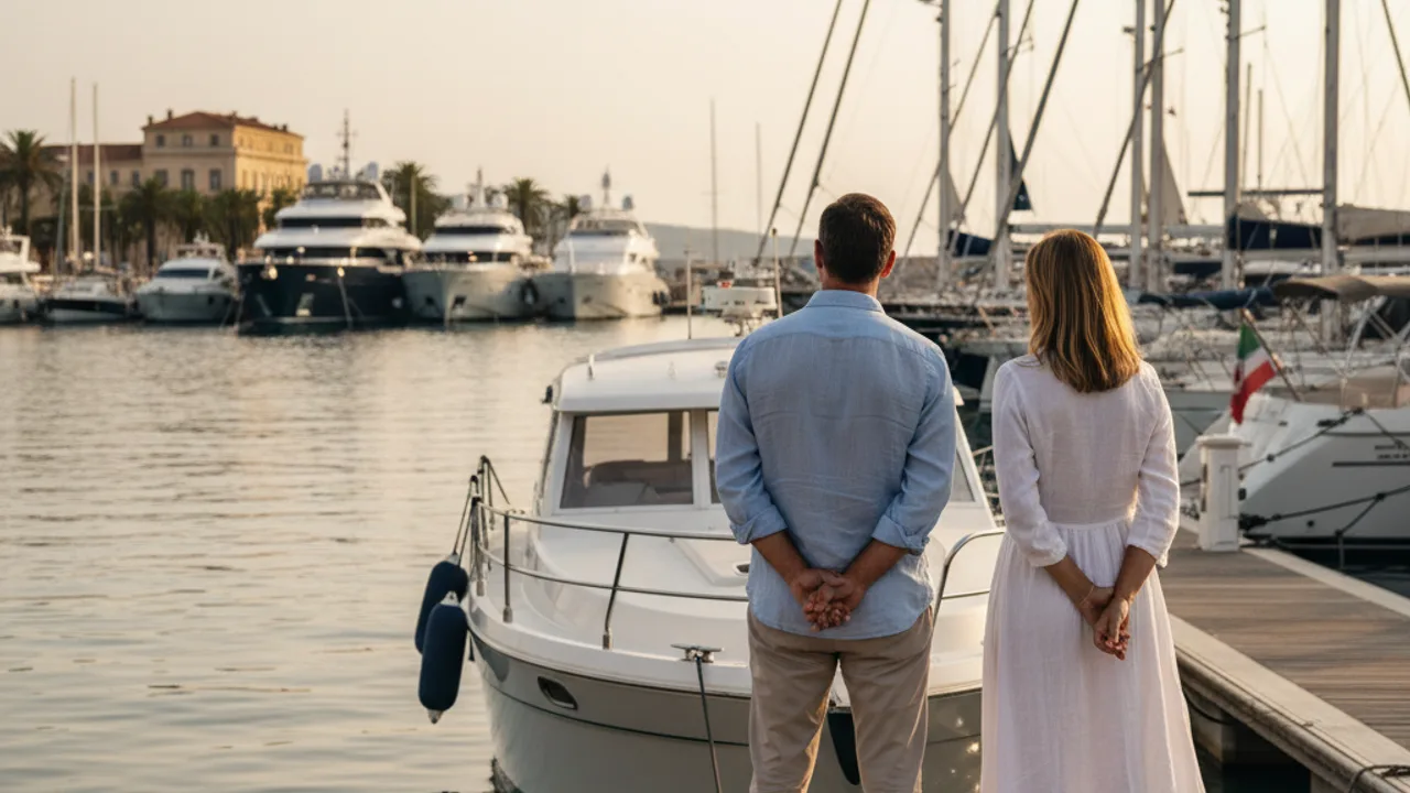Couple devant un bateau amarré au coucher du soleil