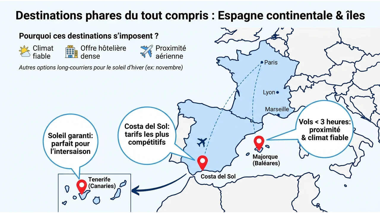 Carte de la zone méditerranéenne mettant en évidence l'Espagne, les Baléares et les Canaries avec les temps de vol moyens.