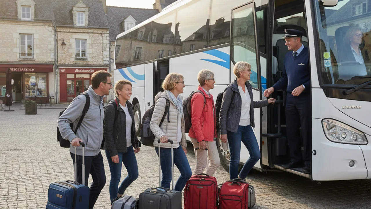 Groupe de voyageurs embarquant dans un autocar avec chauffeur en France