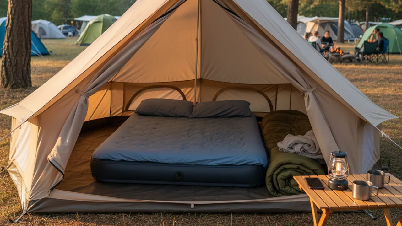 Matelas gonflable installé dans une tente de camping en France