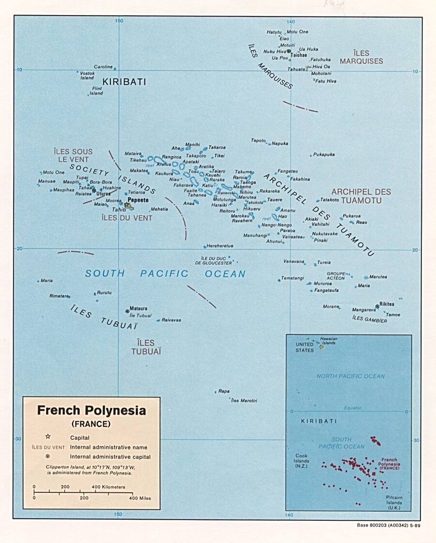 Carte de la Polynésie française et de ses cinq archipels (Société, Tuamotu, Marquises, Gambier, Australes)