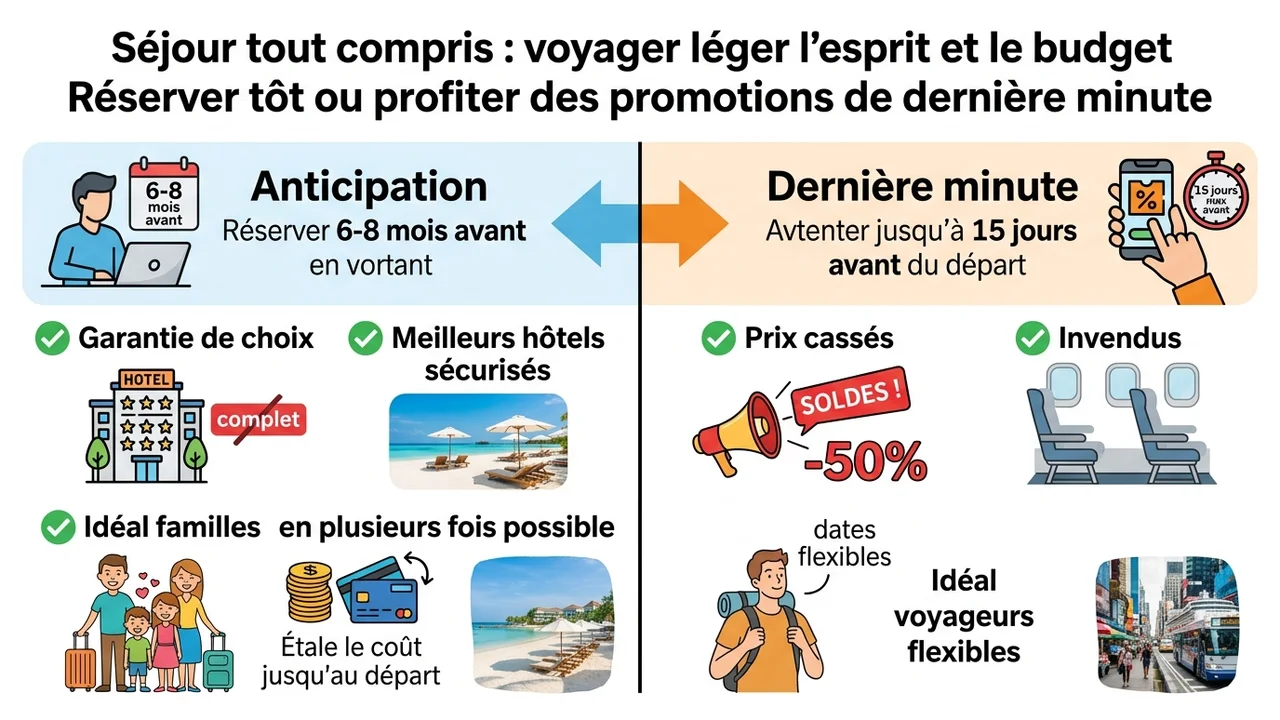 Tableau comparatif entre la réservation anticipée (6-8 mois) et la dernière minute (15 jours) selon le profil voyageur.