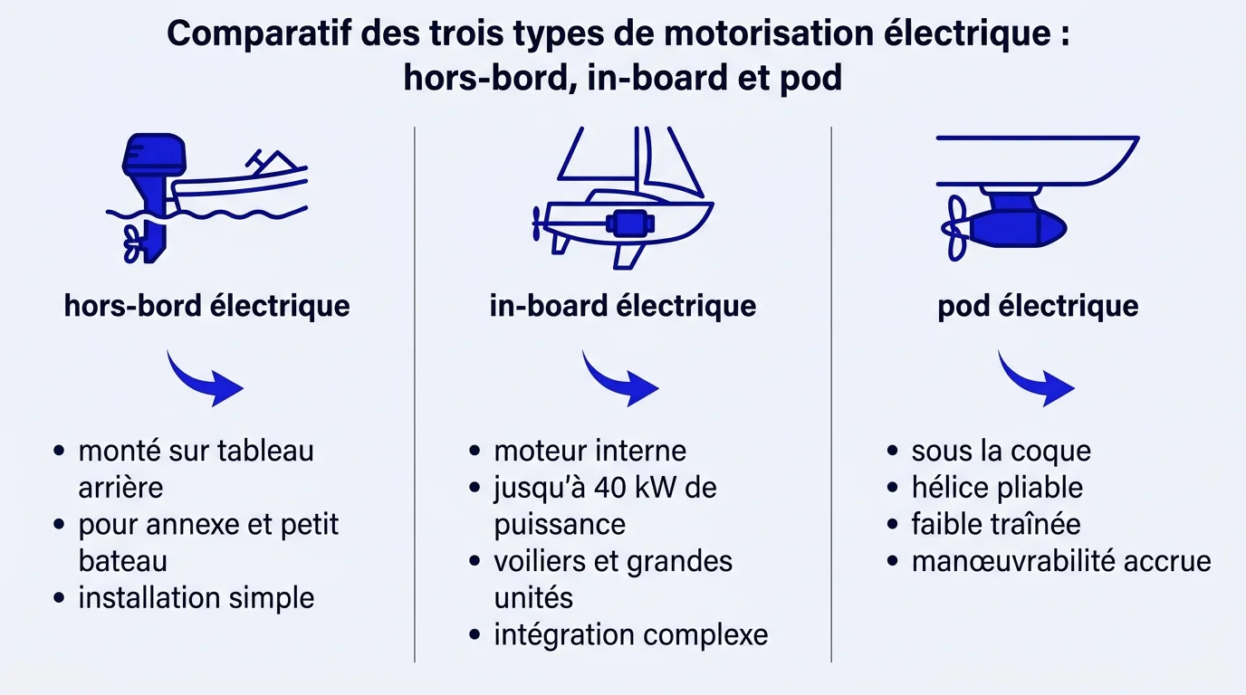 Comparatif des trois types de motorisation electrique : hors-bord, in-board et pod