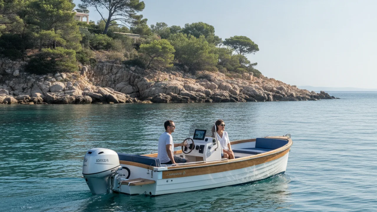 Un bateau equipe d'un moteur electrique naviguant silencieusement pres de la cote
