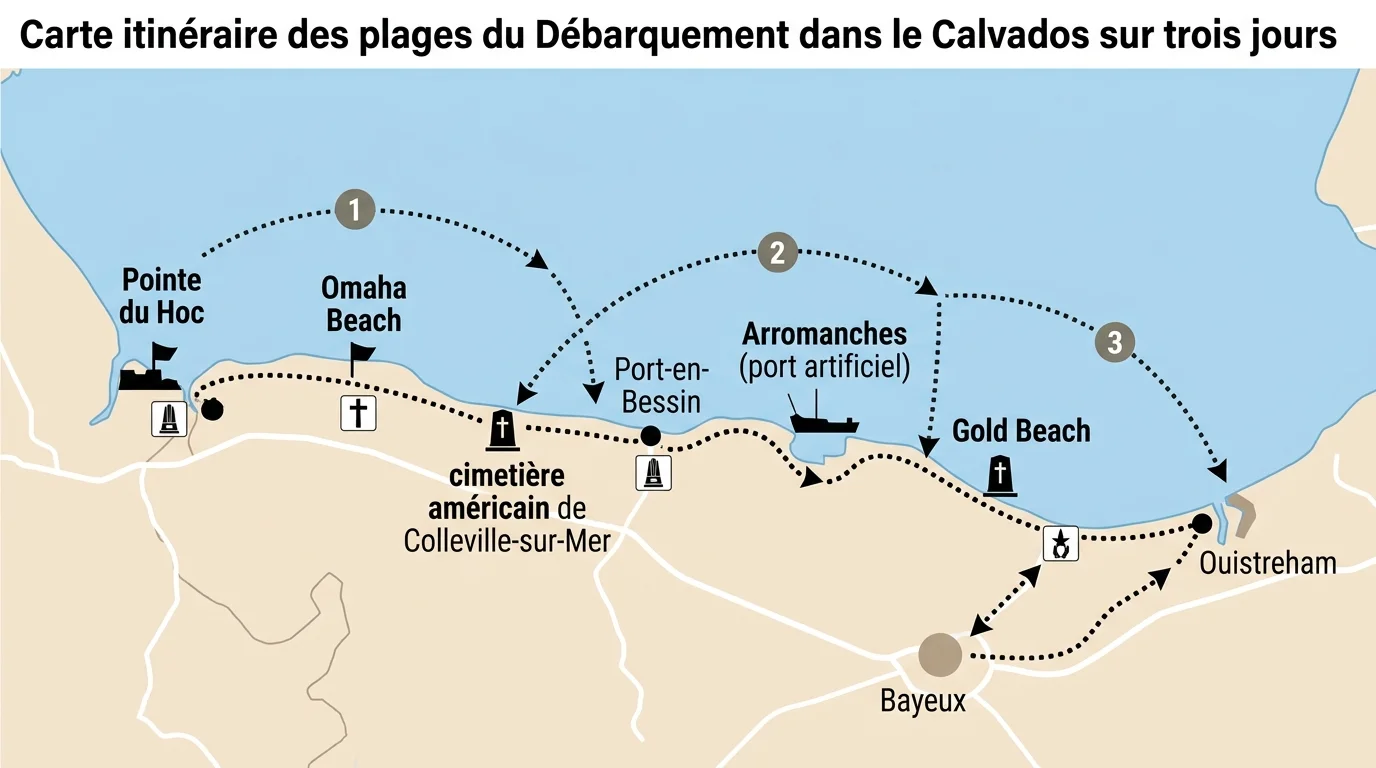 Carte itinéraire des plages du Débarquement dans le Calvados sur trois jours