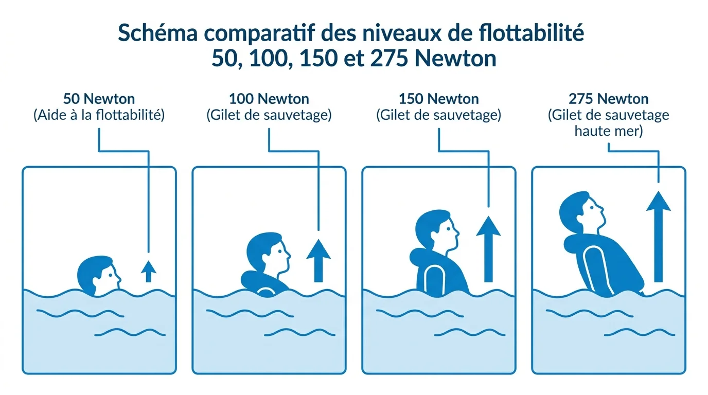 Schéma comparatif des niveaux de flottabilité 50, 100, 150 et 275 Newton