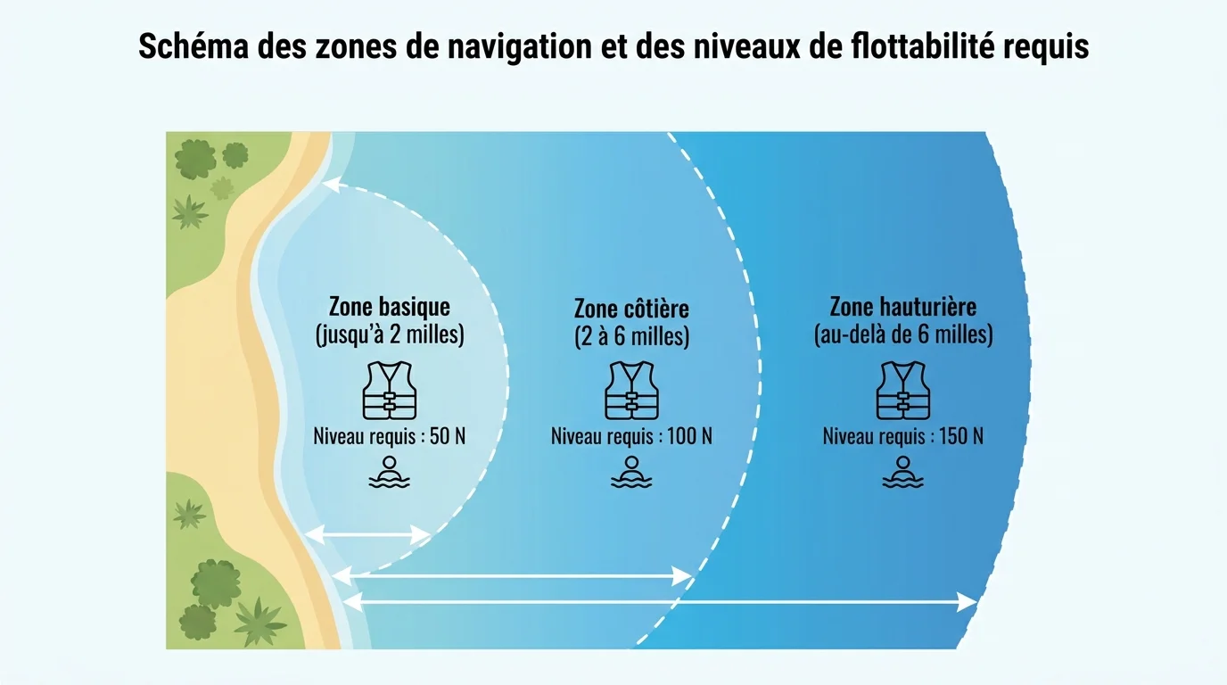 Schéma des zones de navigation basique, côtière et hauturière et niveau requis