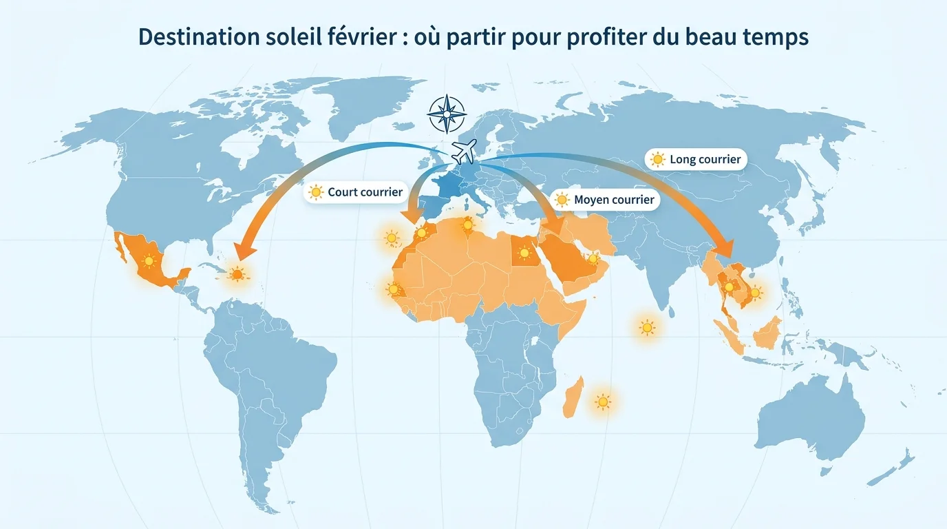 Carte des zones soleil de février par distance de vol
